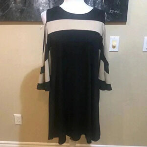 Nina Leonard Beige & Black Color Block Bell Sleeve Cold Shoulder Dress-Size L